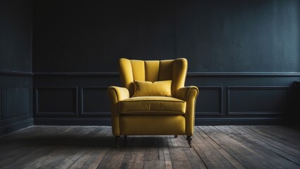 Wall Mural - A vibrant yellow armchair is positioned in a room with a bare black wall as its backdrop.