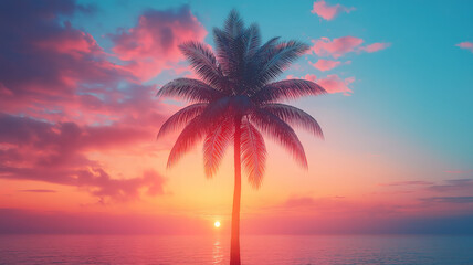 Poster - Palm tree silhouette against a vibrant tropical sunset sky with colors fading into the horizon
