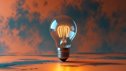 Poster - Bulb illuminated against an orange backdrop. Wide layout featuring space for text. Concept of creativity and innovative ideas. Rendering.
