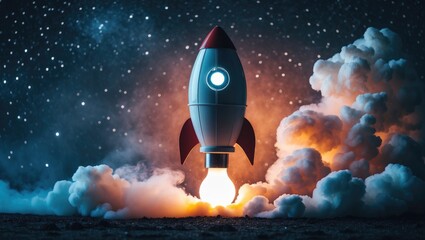 Poster - Innovative rocket-shaped light bulb with smoke and fire propels into the night sky filled with stars. Launching a business idea and a successful concept.