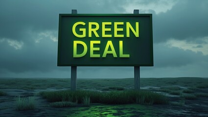 Poster - Illuminated green sign promoting a green initiative. Concept of ecology and carbon neutrality. 3D rendered image.