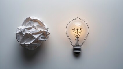 Poster - arrangement featuring a crumpled paper ball alongside a lamp bulb illustration on a white surface, v
