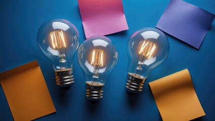 Poster - LED bulbs surrounded by colorful paper on a blue surface