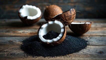 Wall Mural - Coconut husks filled with activated charcoal on a rustic wooden surface