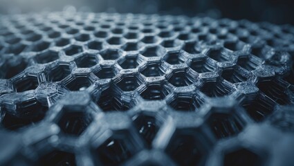 Poster - visualization of carbon nanotube architecture, abstract depiction of nanotech hexagonal patterns, atomic arrangement, nano molecular framework