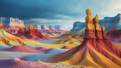 Poster - Vibrant artistic landscape. Yellow desert in Badlands. Imaginary abstract world. Breathtaking scene. 2D image.