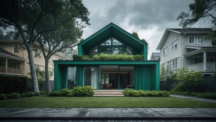 Poster - eco-friendly residence featuring trees and standard homes. focus on energy efficiency and cost-effec