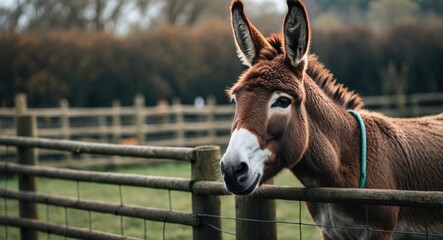 Wall Mural - Sociable Donkey in the pasture interacting, contact farm, Donkey leaning out from petting zoo enclosure.
