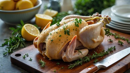 Wall Mural - Lemon and Herb Whole Roasted Chicken on a Wooden Board