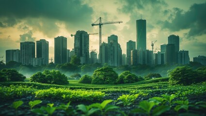 Poster - Eco-friendly cityscape concept featuring green urban background. Focus on environmental conservation, sustainable resources, renewable energy, and urban ecology.