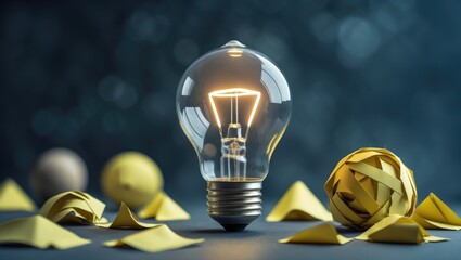 Poster - symbol of a light bulb. concept of innovation and creative ideas with yellow paper crumples and a li