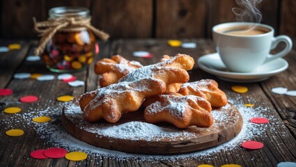 Poster - carnival traditional treats and colorful confetti. sfrappole, also known as chiacchiere or angel win