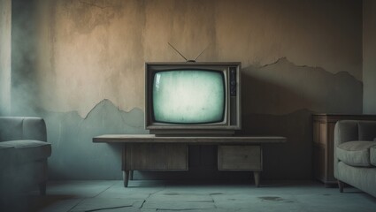 Wall Mural - Design representation of a vintage television set against a concrete wall in a living space.