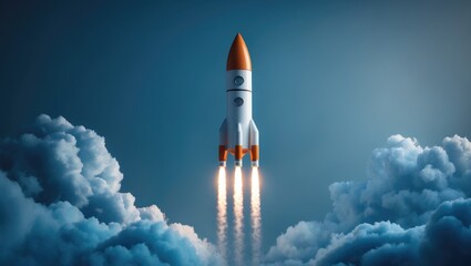 Poster - Innovative concepts and imaginative ideas depicted through a rocket soaring in a blue sky. Rendered image.