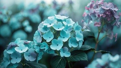 Poster - gentle floral backdrop in soft turquoise hues. a close-up view of hydrangea blossoms in nature, feat