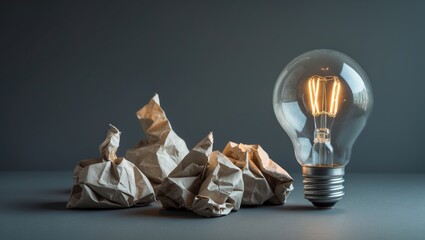 Poster - concept emergence: illuminated bulb beside crumpled paper on gray background