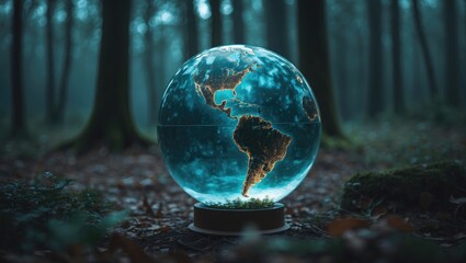 Poster - A luminous globe situated within a wooded area.