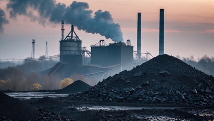 Poster - Pile of natural black coal with industrial smokestacks. An industrial scene featuring a carbon material mound. Issues surrounding coal energy, CO2 emissions, and global warming. Coal mining in Kato...
