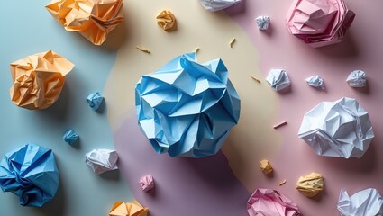 Poster - Inspiration for creativity with crumpled paper balls on a pastel background. Flat lay arrangement.