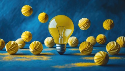 Poster - Concept of a lightbulb with yellow paper spheres on a blue backdrop. Creative idea.