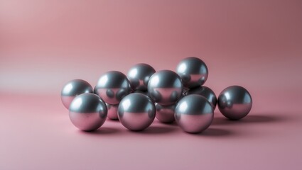Poster - shiny metallic spheres arranged on a soft pink gradient background, showcasing an abstract circular 