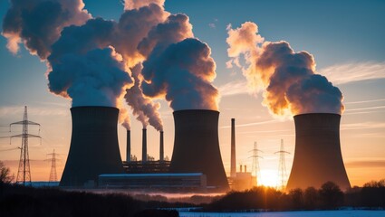Poster - silhouette of a power plant set against a stunning winter sunrise near drax in north yorkshire, uk, 