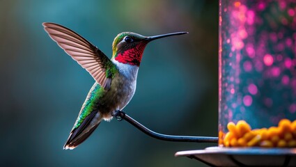 Poster - vibrant ruby-throated hummingbird resting at a feeder