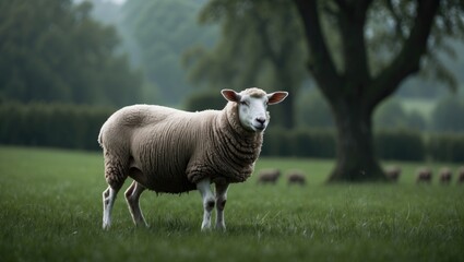 Wall Mural - a sheep standing in a lush green meadow surrounded by trees. sheep, lamb, agricultural animal, natur