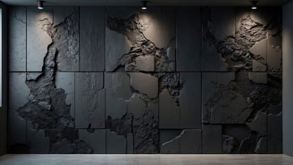 Poster - Textured black cement wall with abstract design for interior exhibit space, showcasing the back wall.