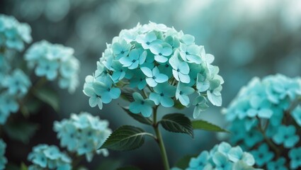 Poster - gentle floral backdrop featuring soft turquoise hues. close-up texture of hydrangea blooms in nature
