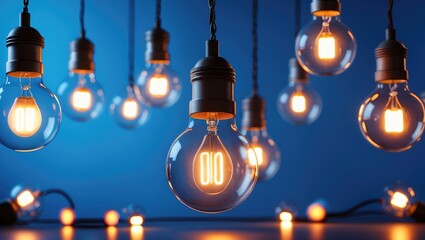 Poster - A single illuminated light bulb stands out among several others against a blue backdrop, symbolizing unique and innovative thinking.