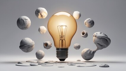 Poster - 3D clay models encircling a glowing light bulb. Concept of creativity, ideation, and inspiration. Monochromatic shapes set against a light background.