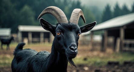 Wall Mural - a dark goat with horns on a pasture