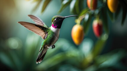 Poster - a black-throated mango hummingbird in flight with its tail spread, surrounded by blurred green folia