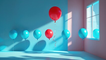 Poster - unique expression amid uniformity, a single red balloon ascends in contrast to surrounding cyan ball