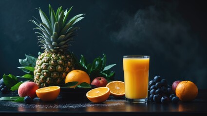 Wall Mural - Vibrant fruits and refreshing orange juice displayed on a dark tabletop