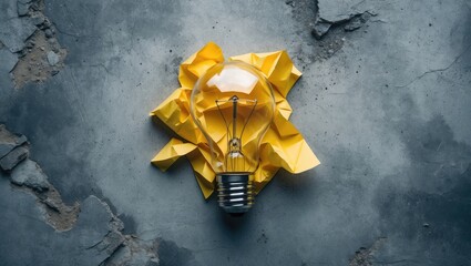Poster - innovative thinking concepts with a crumpled yellow paper light bulb symbolizing inspiration on a co