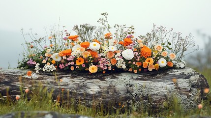 Poster - Vibrant floral display on a wooden log surrounded by lush greenery in a scenic outdoor setting : Generative AI
