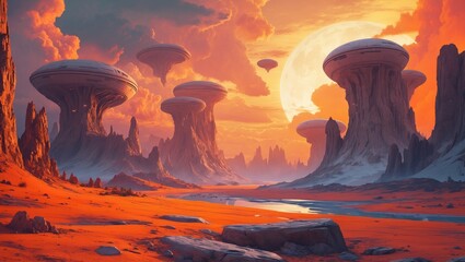 Poster - vibrant science fiction landscape. digital artwork. imaginary abstract domain. advanced concept art.