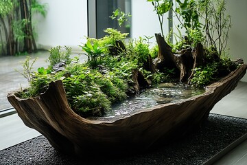 Poster - Natural wood planter filled with lush greenery creating a serene indoor landscape : Generative AI
