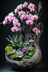 Poster - Beautiful Pink Orchids Arranged with Succulents and Moss in Artistic Wooden Container : Generative AI