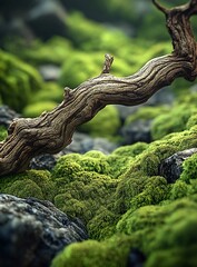 Poster - Close-up view of rugged wood amidst lush green moss showcasing the beauty of nature and serenity : Generative AI