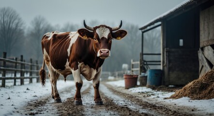 Wall Mural - a cow strolls through a snowy farm in a detailed close-up.