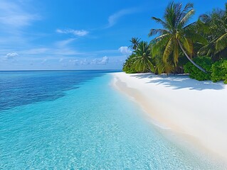 Poster - Stunning tropical beach landscape with pristine white sand and crystal clear turquoise waters under a bright blue sky : Generative AI
