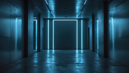 Poster - Futuristic hallway illuminated by vibrant neon lights, casting reflections on the walls and floor. The center features a blank backdrop. Tech-inspired ambiance.