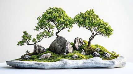 Aufkleber - Artistic Bonsai Arrangement with Rocks and Lush Greenery Showcasing Natural Beauty : Generative AI