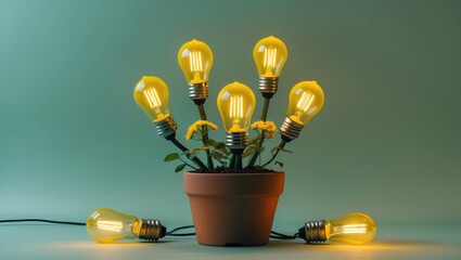 Poster - unique glowing yellow light bulbs arranged in a flowerpot, showcasing one distinct design among othe