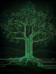 Leinwandbilder - Futuristic tree design integrating digital elements and glowing lines representing technology and nature : Generative AI
