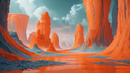 Poster - futuristic orange landscape in a science fiction setting. digital artwork. surreal abstract environm