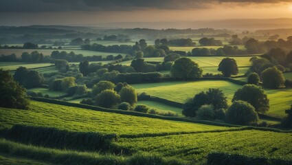 Wall Mural - Vector artwork depicting a vibrant rural landscape at dawn.